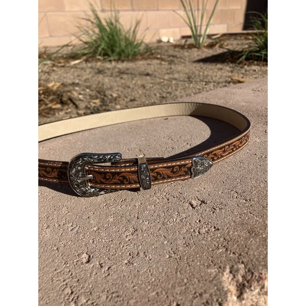 VTG Western Tooled Leather Belt Silver Engraved Buckle Tip Woman’s 80CM 30-32”